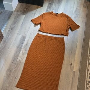 SHEIN Warm Brown Ribbed Skirt Set